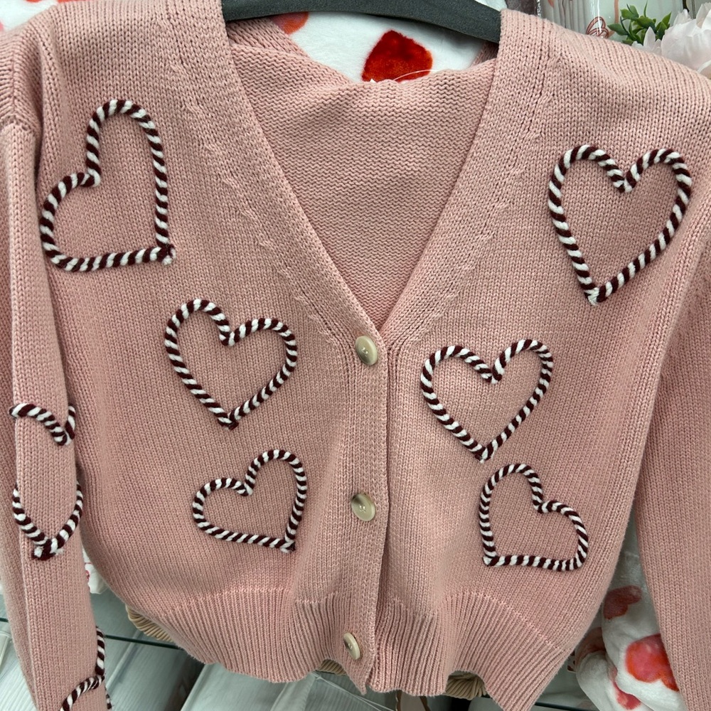 Light Pink Sweater Valentines Heart Accents Cardigan 💕❤️💞